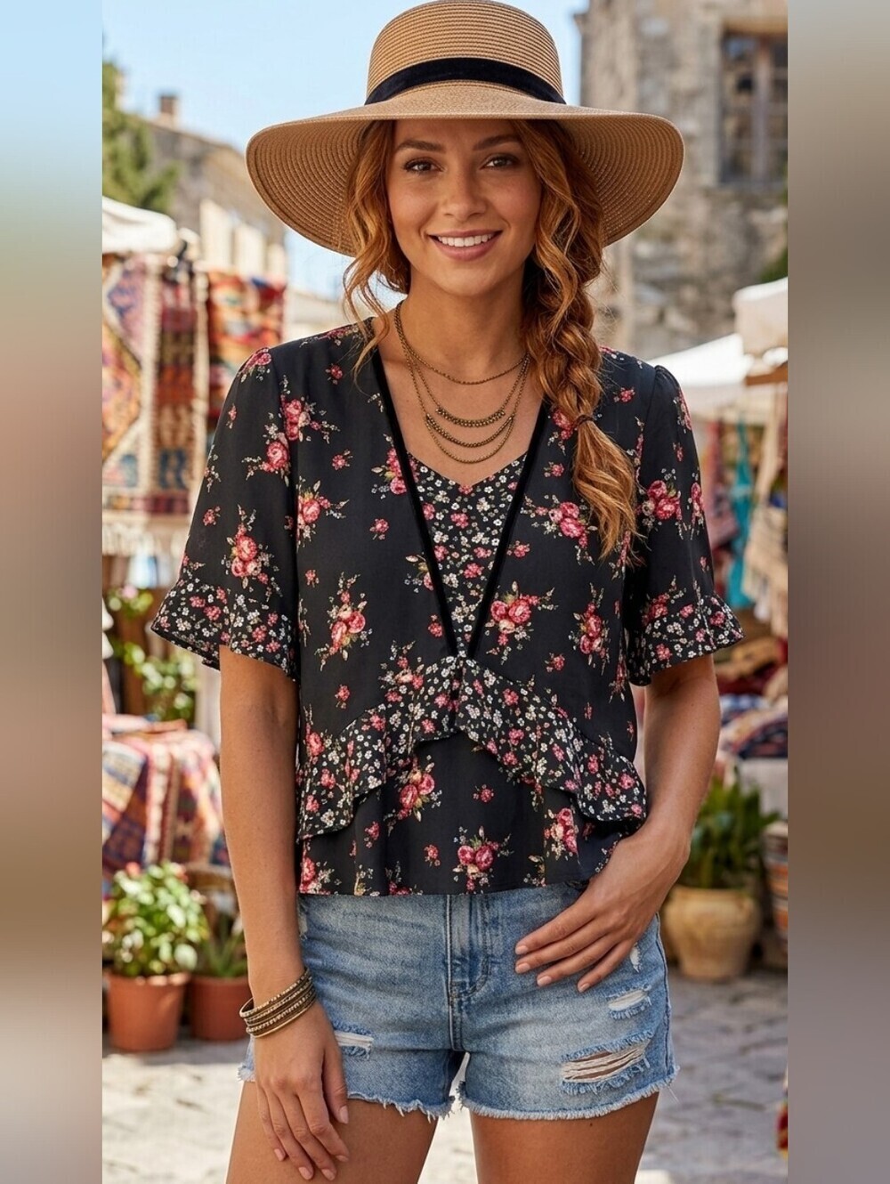 Atmosphere Blouse Floral Velour Trim Cottagecore Boho Tiered Ruffle Size 12